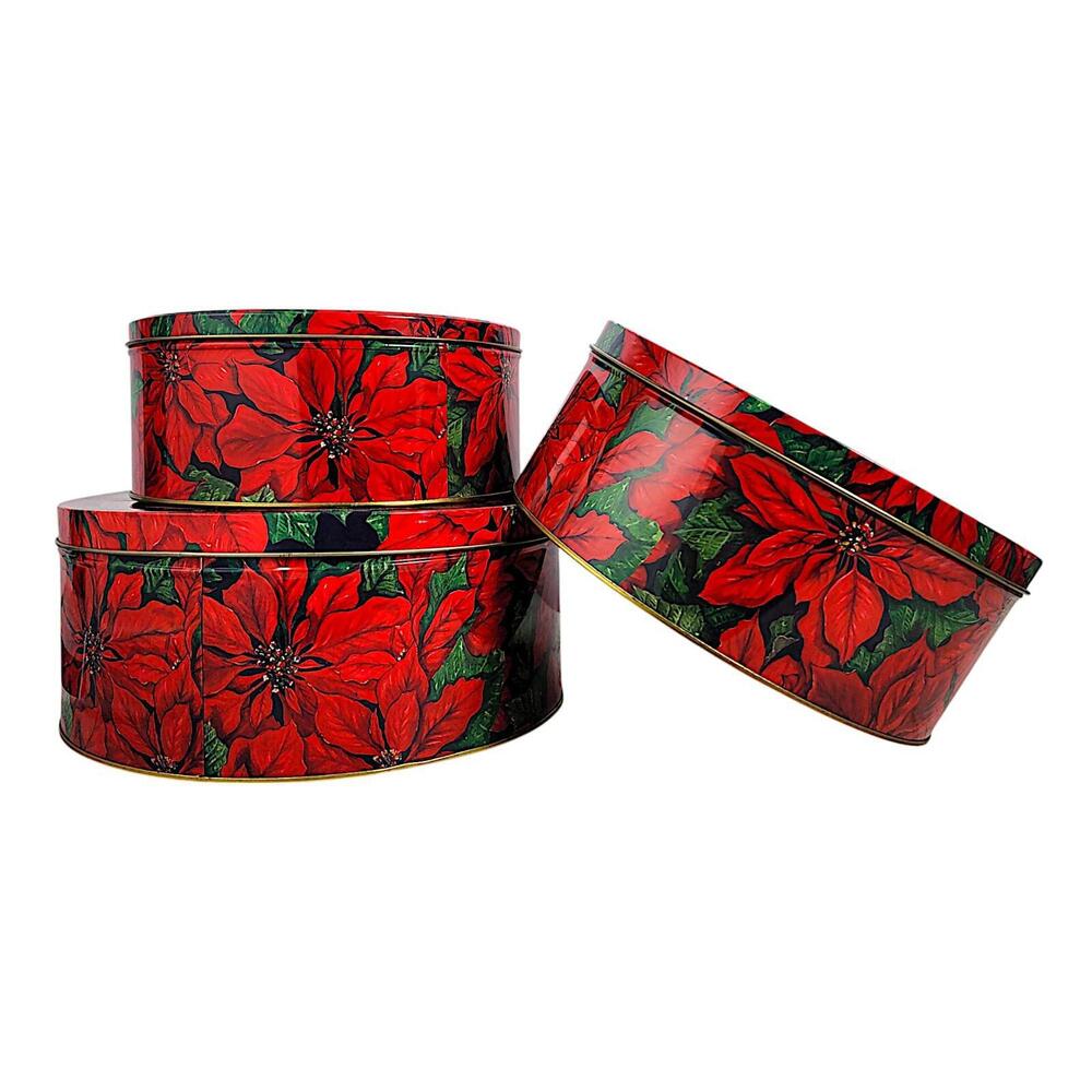 Red Poinsettia Floral Covered Christmas Metal Tin Round Containers, Set of 3 - Picture 7 of 9